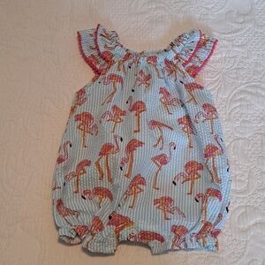 Mudpie girls size 6-9 months flamingo seersucker bubble romper